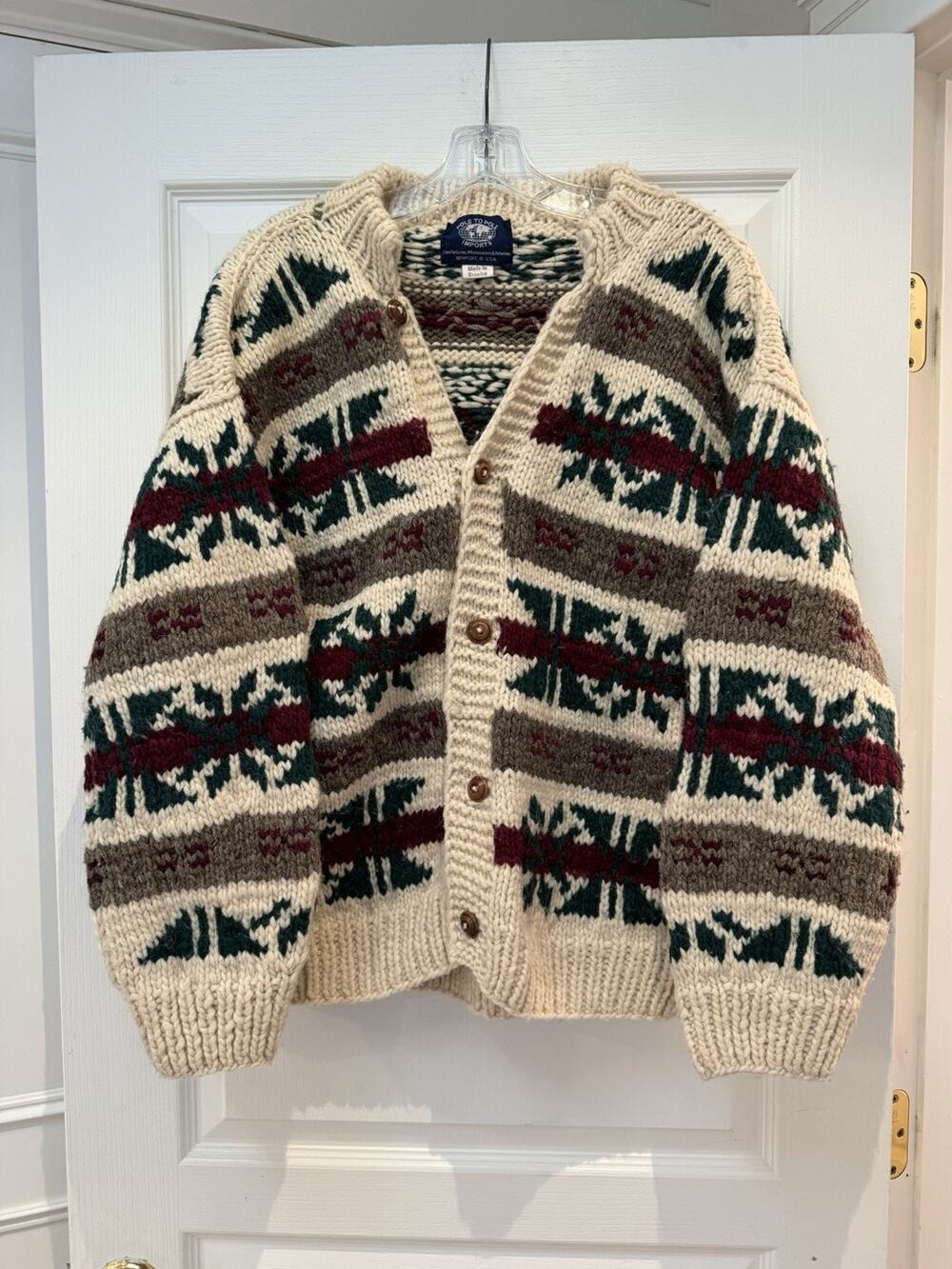 Vintage Pole To Pole Ecuador 100% Wool Cardigan Hand Knit Southwestern Chunky